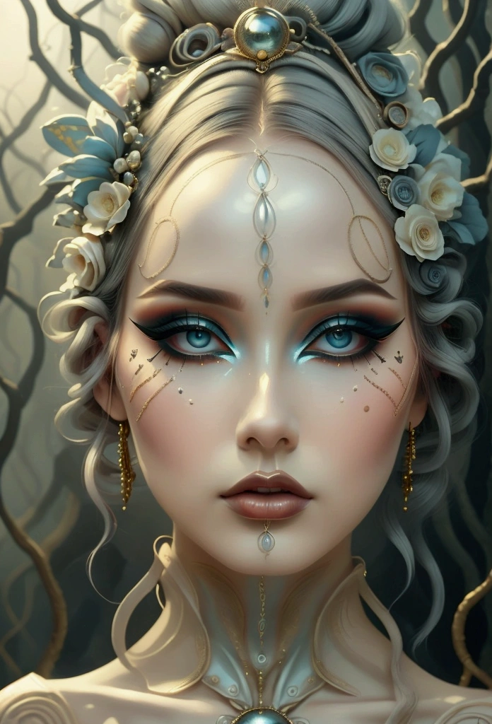 A woman with dreamlike makeup inspired by David Lynch, with soft, ethereal colors and surreal, haunting details