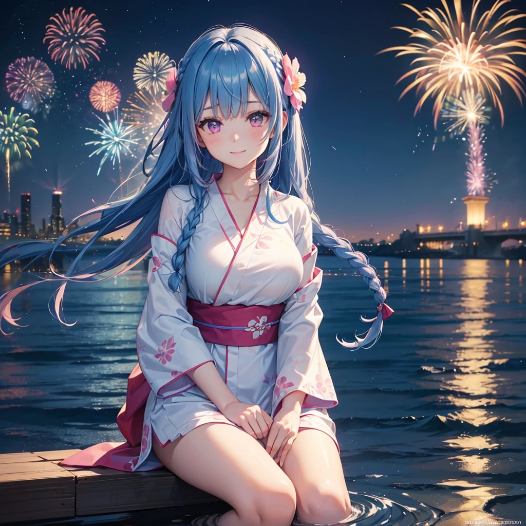 (Sky Blue Medium Hair:1.2), (Braided Hair),(Pink Eyes),Fair skin ,(whole body),(1 girl)、Floral Yukata、summer night、Extra-large fireworks filling the night sky、Huge fireworks launched from the sea、Watching the fireworks while sitting next to each other、smile、Straight bangs,(masterpiece, Highest quality, Very detailed, Best Shadow), (Detailed Background), (Beautifully detailed face), High Contrast, (Best lighting, Very delicate and beautiful), ((Cinematic Light)), colorful, Hyper Detail 8k, Dramatic Light, Intricate details,Fireworks reflected on the water surface、