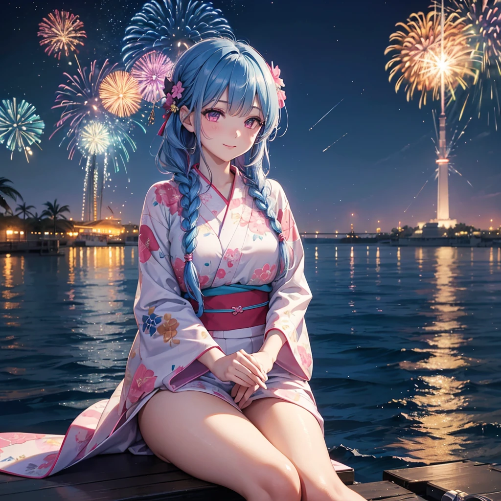 (Sky Blue Medium Hair:1.2), (Braided Hair),(Pink Eyes),Fair skin ,(whole body),(1 girl)、Floral Yukata、summer night、Extra-large fireworks filling the night sky、Huge fireworks launched from the sea、Watching the fireworks while sitting next to each other、smile、Straight bangs,(masterpiece, Highest quality, Very detailed, Best Shadow), (Detailed Background), (Beautifully detailed face), High Contrast, (Best lighting, Very delicate and beautiful), ((Cinematic Light)), colorful, Hyper Detail 8k, Dramatic Light, Intricate details,Fireworks reflected on the water surface、