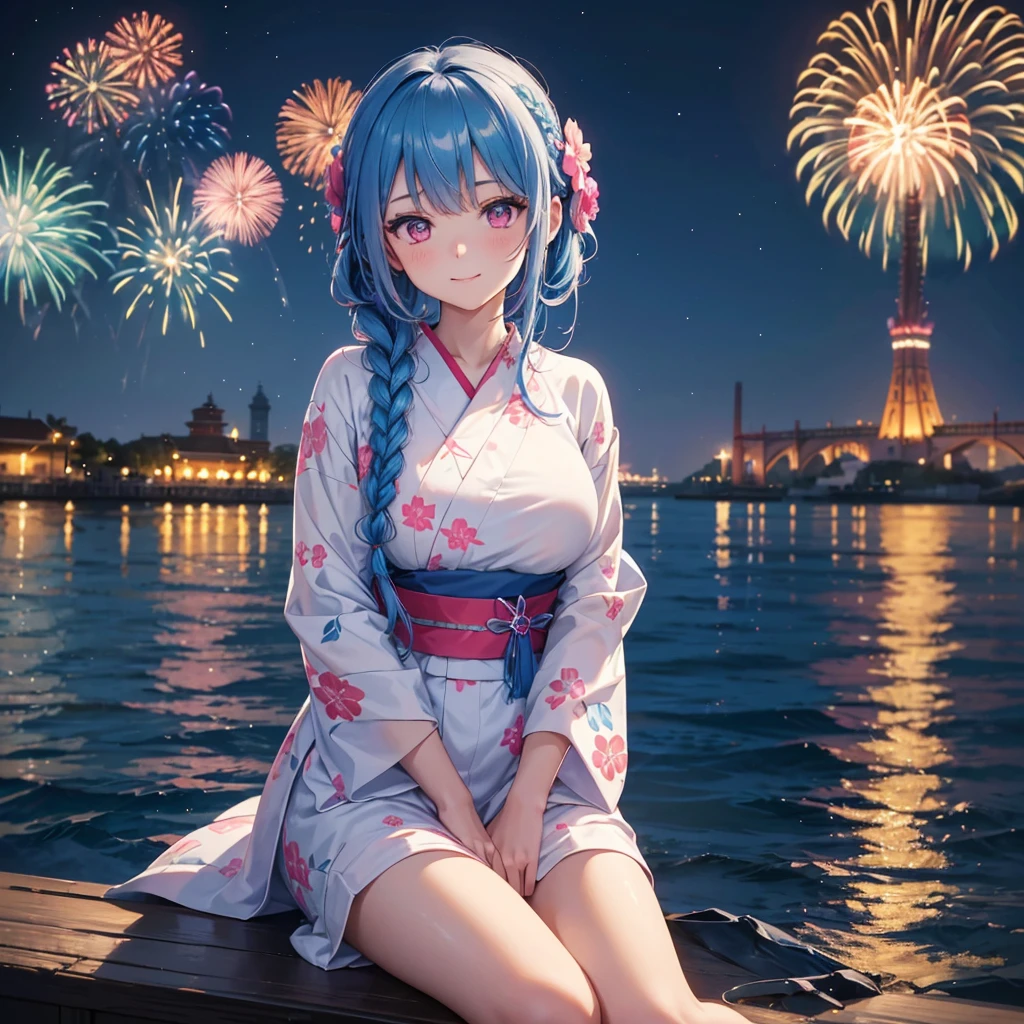 (Sky Blue Medium Hair:1.2), (Braided Hair),(Pink Eyes),Fair skin ,(whole body),(1 girl)、Floral Yukata、summer night、Extra-large fireworks filling the night sky、Huge fireworks launched from the sea、Watching the fireworks while sitting next to each other、Straight bangs,(masterpiece, Highest quality, Very detailed, Best Shadow), (Detailed Background), (Beautifully detailed face), High Contrast, (Best lighting, Very delicate and beautiful), ((Cinematic Light)), colorful, Hyper Detail 8k, Dramatic Light, Intricate details,Fireworks reflected on the water surface、