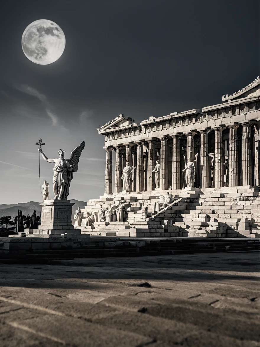 A magnificent statue，Represents the gods in Greek mythology，Standing tall amid the magnificence of ancient Greek temples。This black and white image highlights the timeless beauty and power of the statue and its surroundings.。The statue&#39;s face displays a powerful yet serene expression，Exuding a sacred aura。The scene is bathed in softness、In diffuse light，Subtle shadows add depth。The composition emphasizes the statue&#39;s majestic figure and fine details，And the magnificent architecture of the temple behind。Wide-angle lenses capture the full scope of a scene，Shows the scale and grandeur of the statues and temples。Contrasting black and white tones、The dramatic light and in-depth detail in the images inspire awe in the viewer，Bringing them back to the era of ancient myths and architecture。