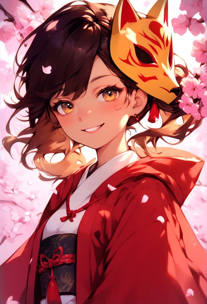 A brown person wearing a yellow fox mask and a blouse with details of cherry blossoms and a hood in the same style 
 