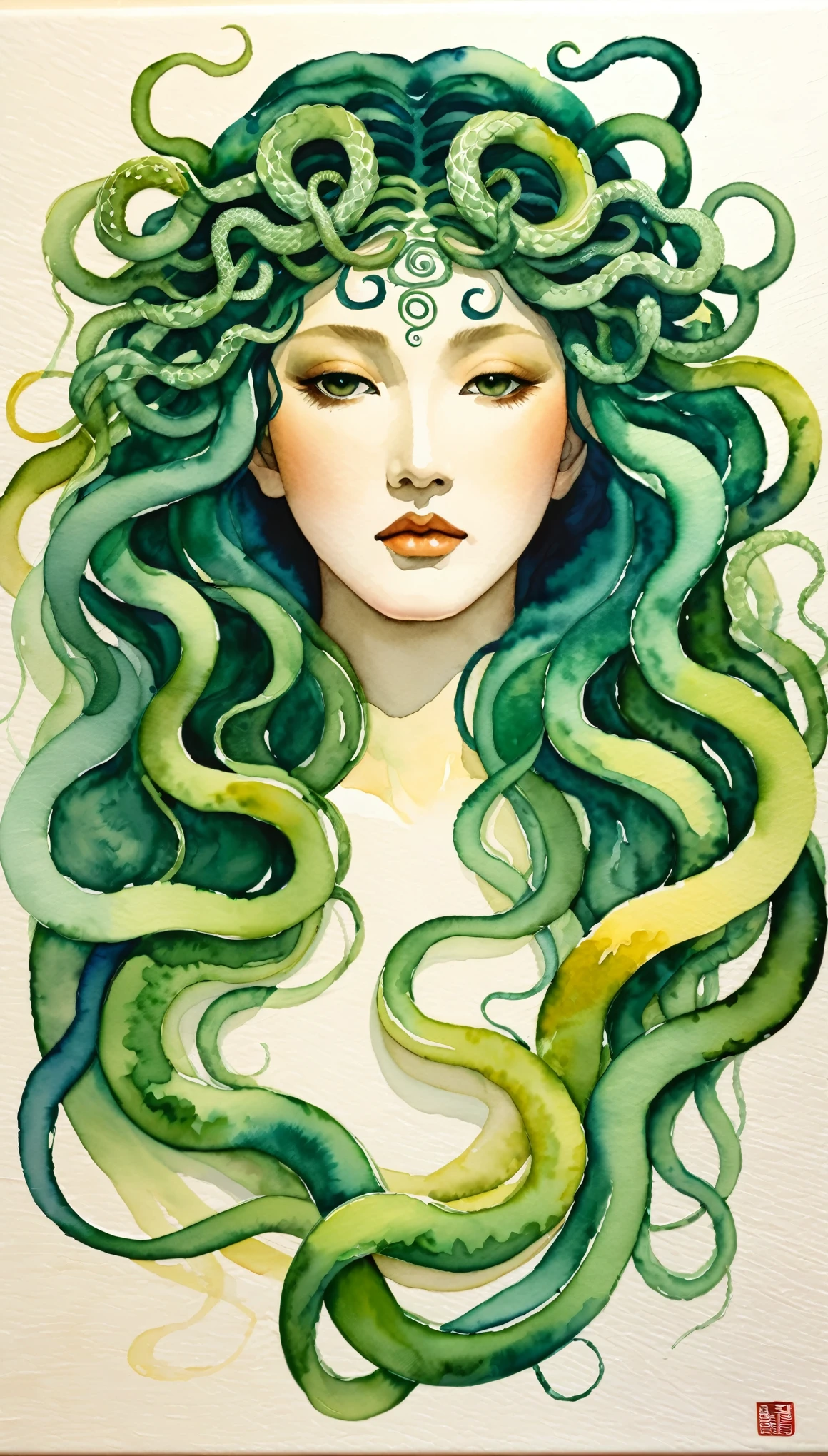 masterpiece,Medusa acrylic watercolor painting,(Beautiful gradation created by layering),(Tarashikomi technique),A delicate touch,Tamura Yoshiyasu style