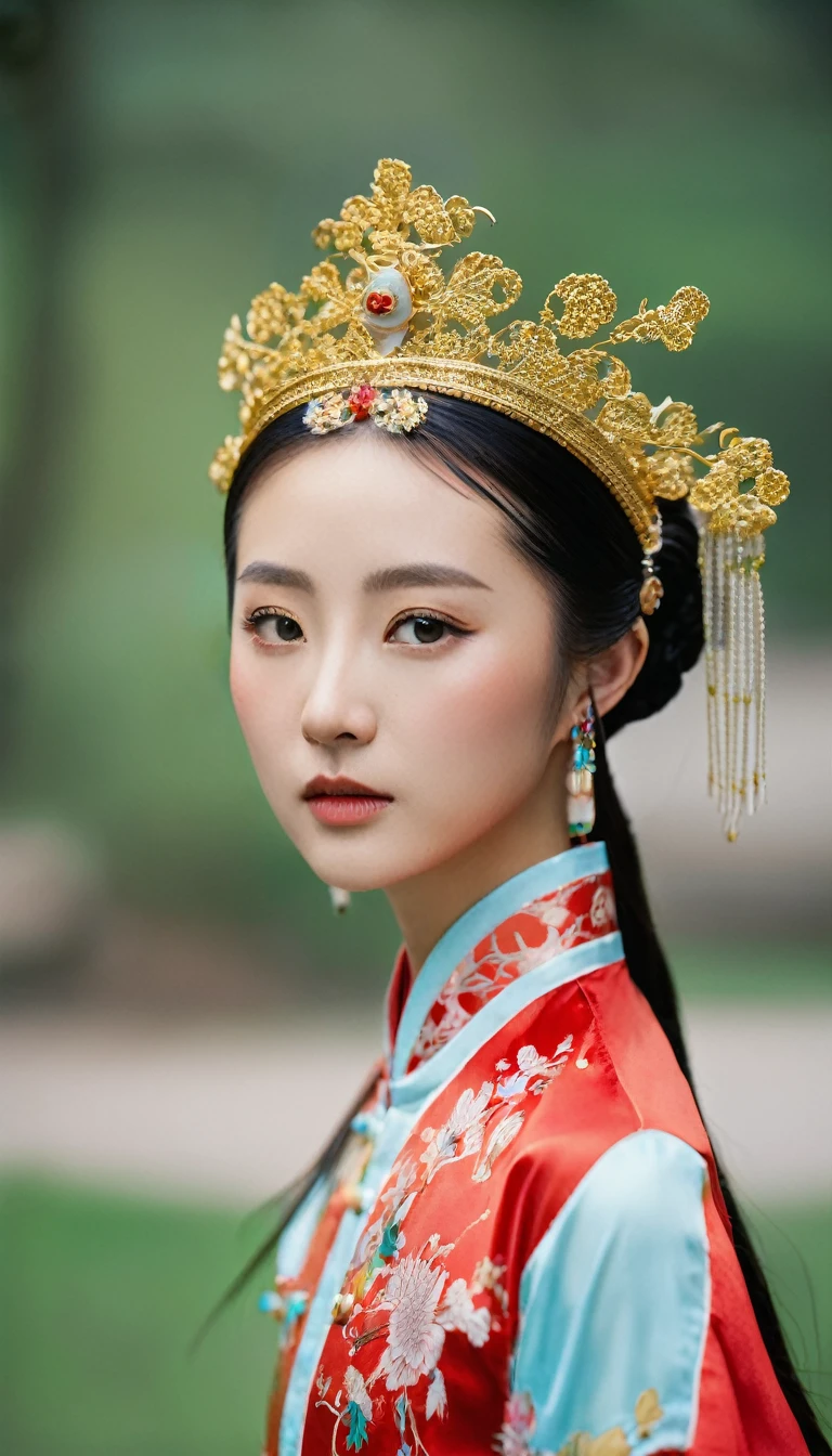 A beautiful Chinese girl with a good figure from the Qing Dynasty with long hair. Wearing gold head accessories, wearing a red traditional Chinese costume, posing for photos in the palace grounds.
