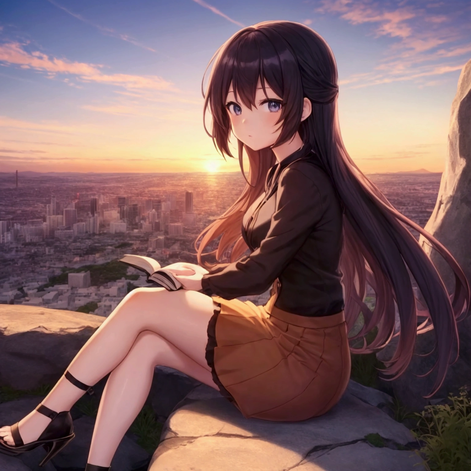 Anime girl sitting on a rock and looking at the viewer from the side, holding a book ,A cityscape in the distance, cityscape silhouette in the distance, sunset, Anime Art Wallpapers 4K, Anime Art Wallpapers 8K, 4k anime wallpaper, anime wallpaper 4k, anime wallpaper 4k