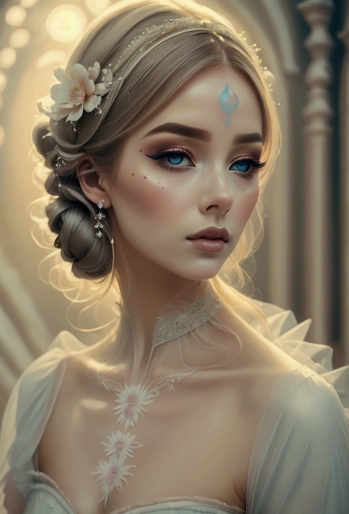 A woman with ethereal makeup inspired by Sofia Coppola, featuring soft pastels, delicate details, and a dreamy, romantic atmosphere.