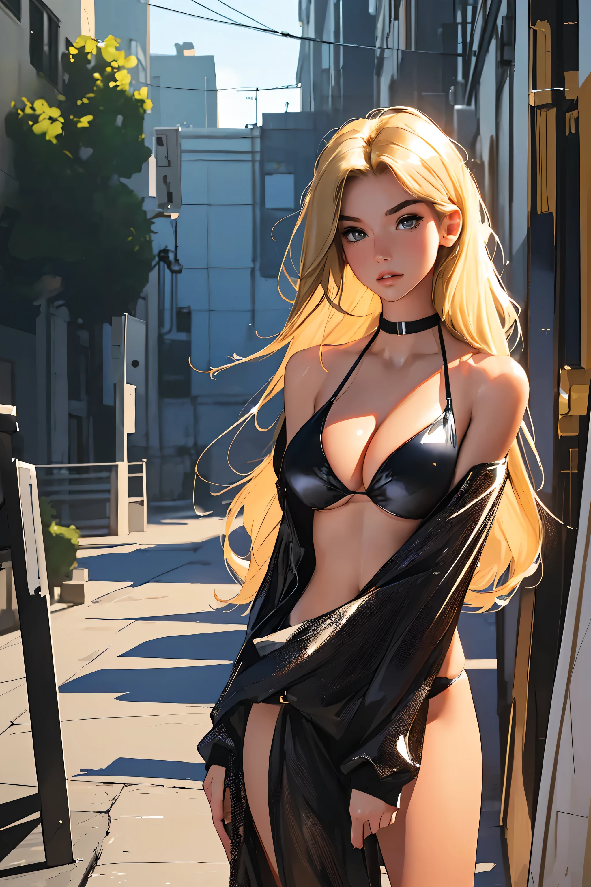 (best quality: 1.2), clean face, (masterpiece: 1.2, 8k) perfect anatomy, 1girl,a beautiful fashion model ,(masterpiece, official art, best quality  shiny hair, blonde hair with streaks in hair, full lips,  big breasts, slutty outfit, cleavage, shiny skin, looking at viewer, (cyber bikini), long abdomen