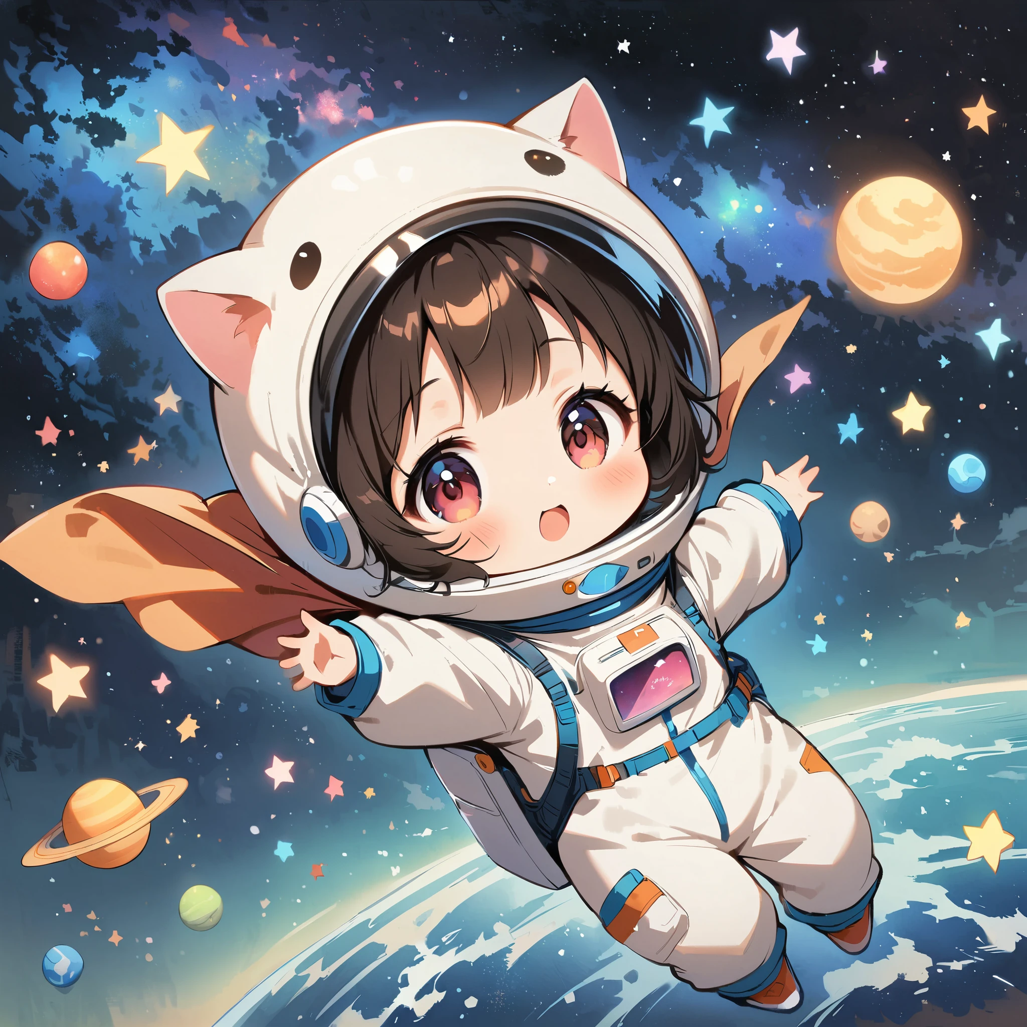 Girl in spacesuit floating in space, surrounded by the Milky Way, the universe posing cutely.