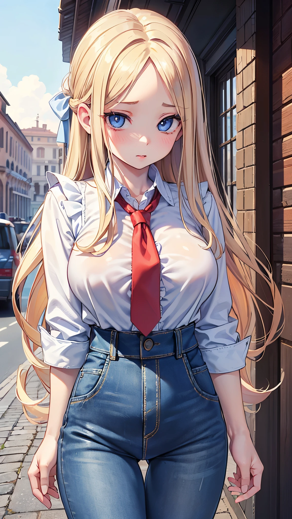 (masterpiece, 最high quality, 超High resolution, Very detailed), (Realistic:1.1, photoRealistic:1.4), Perfect illustration, Perfect lighting,Hair in perfect detail, Perfect and detailed face, Perfect collarbone, Perfect body,Juicy breasts, Perfect Thighs, Beautiful feet, View your viewers, 1 Girl,Perfect Face, (Perfect Anatomy, Anatomically correct), Symmetrical face、((Shiny Hair)),Sexy Body、(masterpiece),(最high quality:1.3),8k,Very clear,(Ultra-realistic),,Captivating woman,(high quality, High resolution, Fine details), Realisticなスタイルの女性,Juicy breasts、One perfect woman、Perfect Face、Symmetrical face、、((Large Breasts))、blush、((Juicy lips))、Cowboy Shot、((Straight blonde hair with exposed forehead))、((Big double blue eyes、Long eyelashes))、((Red makeup))、(((White collared frill shirt、tie)))、(((High waist denim pants)))、(Outdoor、On the streets of Rome)