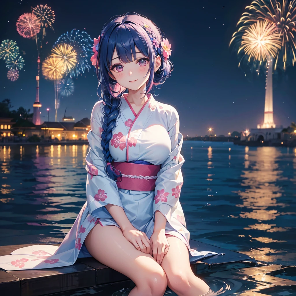 (Sky Blue Medium Hair:1.2), (Braided Hair),(Pink Eyes),Fair skin ,(whole body),(1 girl)、Floral Yukata、summer night、Extra-large fireworks filling the night sky、Huge fireworks launched from the sea、Watching the fireworks while sitting next to each other、smile、Straight bangs,(masterpiece, Highest quality, Very detailed, Best Shadow), (Detailed Background), (Beautifully detailed face), High Contrast, (Best lighting, Very delicate and beautiful), ((Cinematic Light)), colorful, Hyper Detail 8k, Dramatic Light, Intricate details,Fireworks reflected on the water surface、