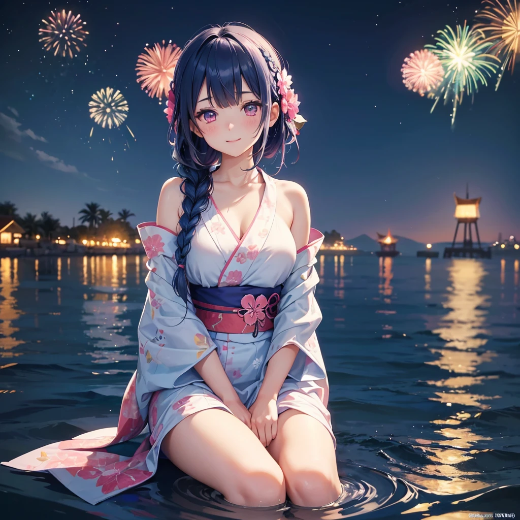 (Sky Blue Medium Hair:1.2), (Braided Hair),(Pink Eyes),Fair skin ,(whole body),(1 girl)、Floral Yukata、summer night、Extra-large fireworks filling the night sky、Huge fireworks launched from the sea、Watching the fireworks while sitting next to each other、smile、Straight bangs,(masterpiece, Highest quality, Very detailed, Best Shadow), (Detailed Background), (Beautifully detailed face), High Contrast, (Best lighting, Very delicate and beautiful), ((Cinematic Light)), colorful, Hyper Detail 8k, Dramatic Light, Intricate details,Fireworks reflected on the water surface、