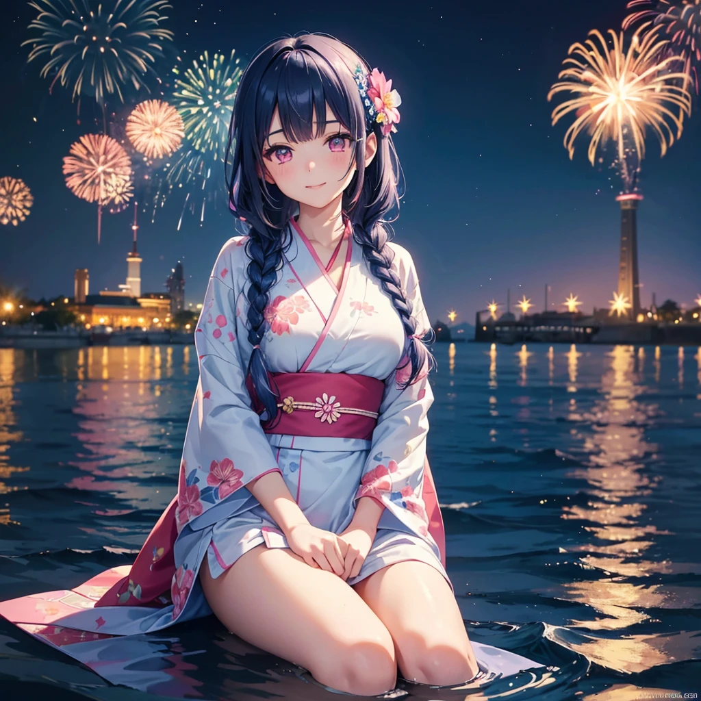 (Sky Blue Medium Hair:1.2), (Braided Hair),(Pink Eyes),Fair skin ,(whole body),(1 girl)、Floral Yukata、summer night、Extra-large fireworks filling the night sky、Huge fireworks launched from the sea、Watching the fireworks while sitting next to each other、smile、Straight bangs,(masterpiece, Highest quality, Very detailed, Best Shadow), (Detailed Background), (Beautifully detailed face), High Contrast, (Best lighting, Very delicate and beautiful), ((Cinematic Light)), colorful, Hyper Detail 8k, Dramatic Light, Intricate details,Fireworks reflected on the water surface、