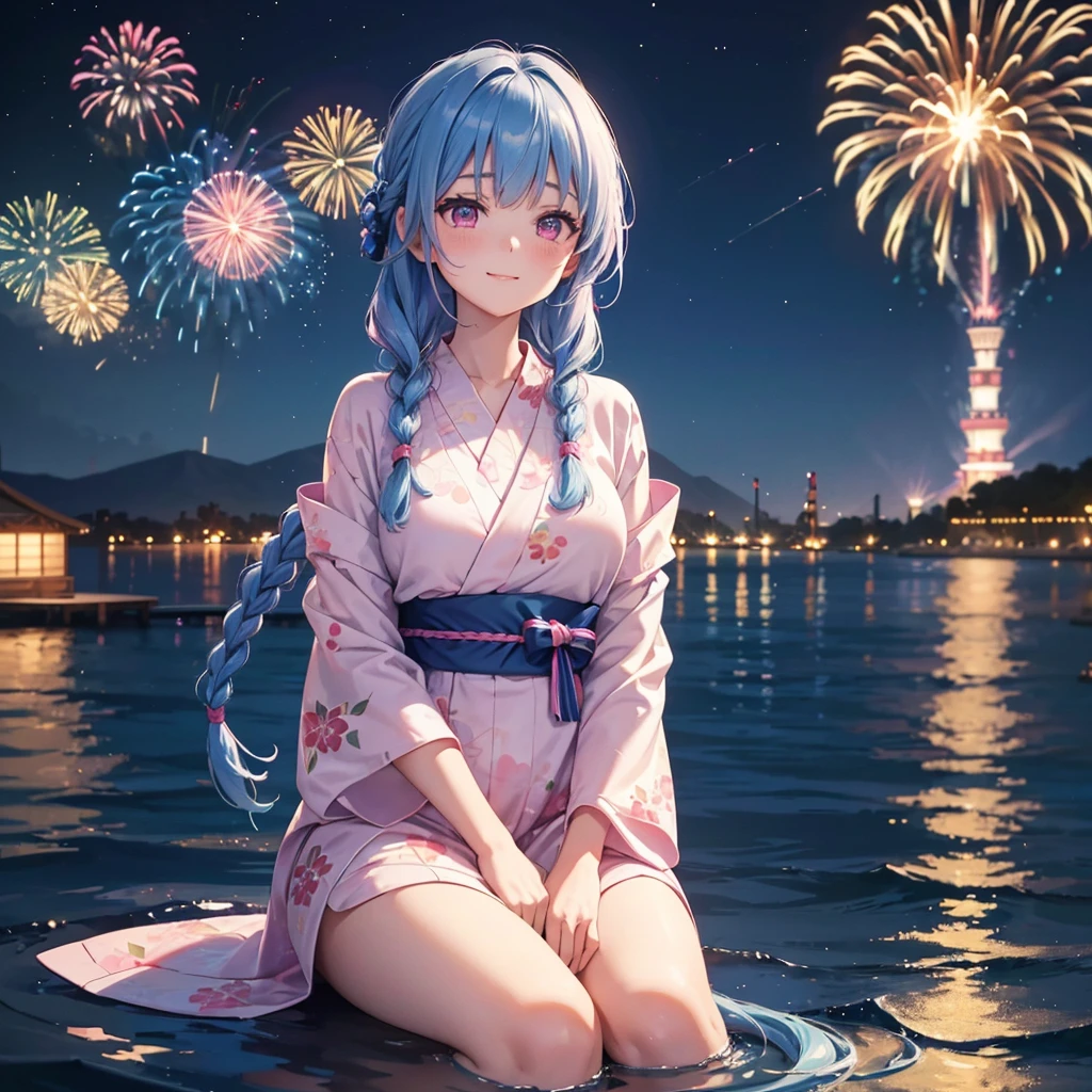 (Sky Blue Medium Hair:1.2), (Braided Hair),(Pink Eyes),Fair skin ,(whole body),(1 girl)、Floral Yukata、summer night、Extra-large fireworks filling the night sky、Huge fireworks launched from the sea、Watching the fireworks while sitting next to each other、smile、Straight bangs,(masterpiece, Highest quality, Very detailed, Best Shadow), (Detailed Background), (Beautifully detailed face), High Contrast, (Best lighting, Very delicate and beautiful), ((Cinematic Light)), colorful, Hyper Detail 8k, Dramatic Light, Intricate details,Fireworks reflected on the water surface、