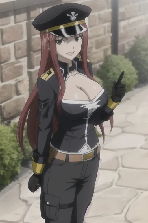 1girl, solo, Erza Scarlet, Fairy Tail, red hair, long hair, facing the viewer, looking at the viewer, sidelocks, black military uniform, black long-sleeve uniform, big breasts, cleavage, military tactical belt, black military cargo pants, gloves, black military peaked cap, black hat, smile