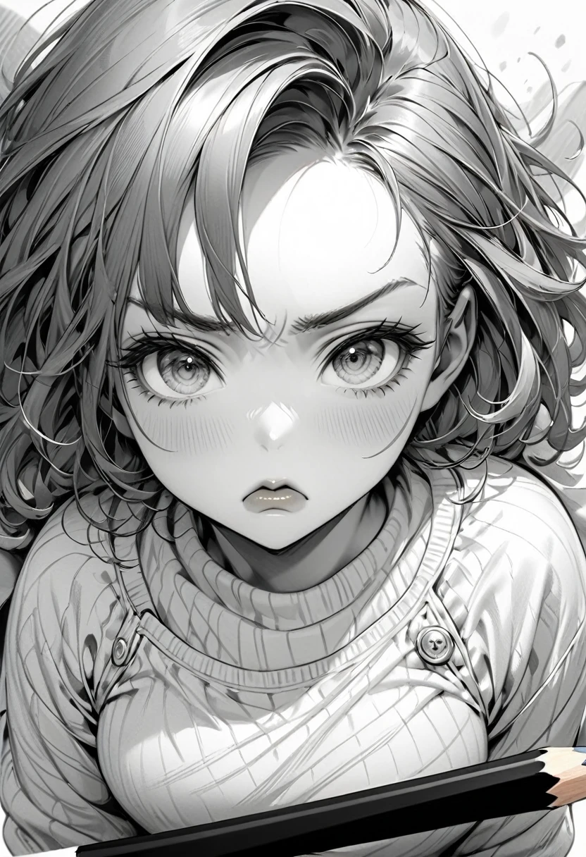 monochrome, pencil sketch art, diagonal top view, cute woman with pouting face, puffy cheeks, so cute, loose clothing,  (ultra detailed, absolutely resolution, best quality:1.3), 2.5D, delicate and dynamic, shading effects, hyper realistic