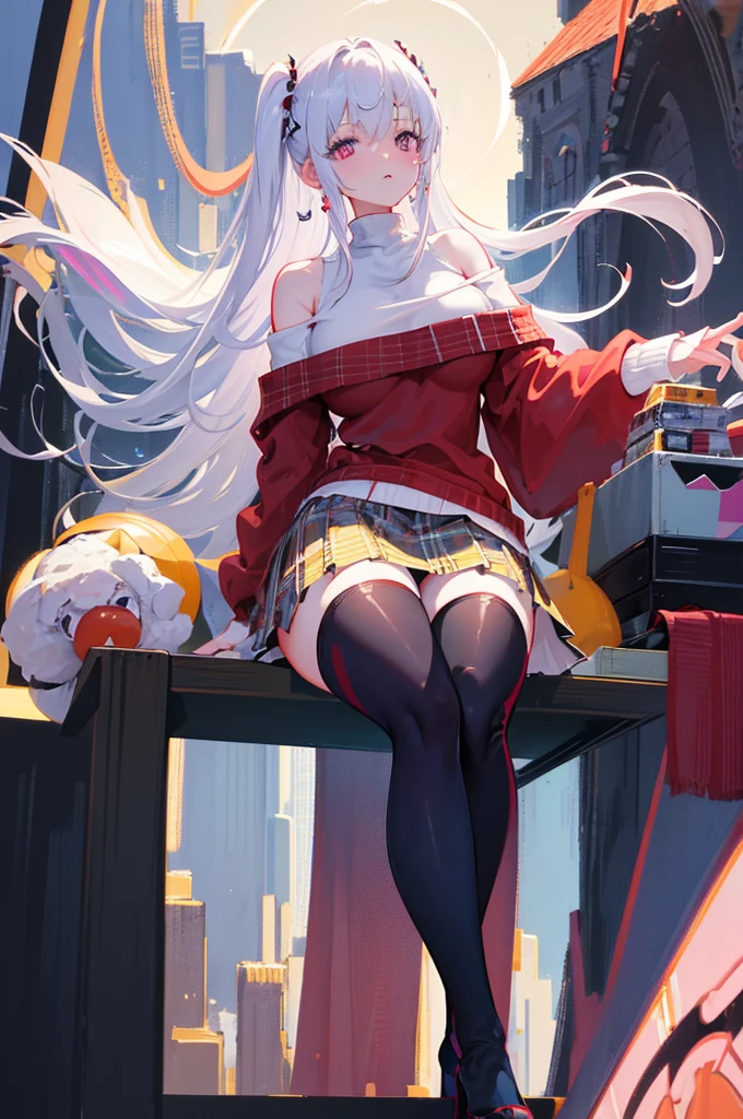 1girl, off-shoulder sweater, plaid skirt, long white hair, crimson right eye, violet left eye, big breasts, thick thighs, detailed, (best quality), (masterpiece), realistic, photorealistic, photo-realistic:1.37, HDR, UHD, studio lighting, ultra-fine painting, sharp focus, physically-based rendering, extreme detail description, professional, vivid colors, bokeh, portraits,sitting,wearing stockings,leg focus