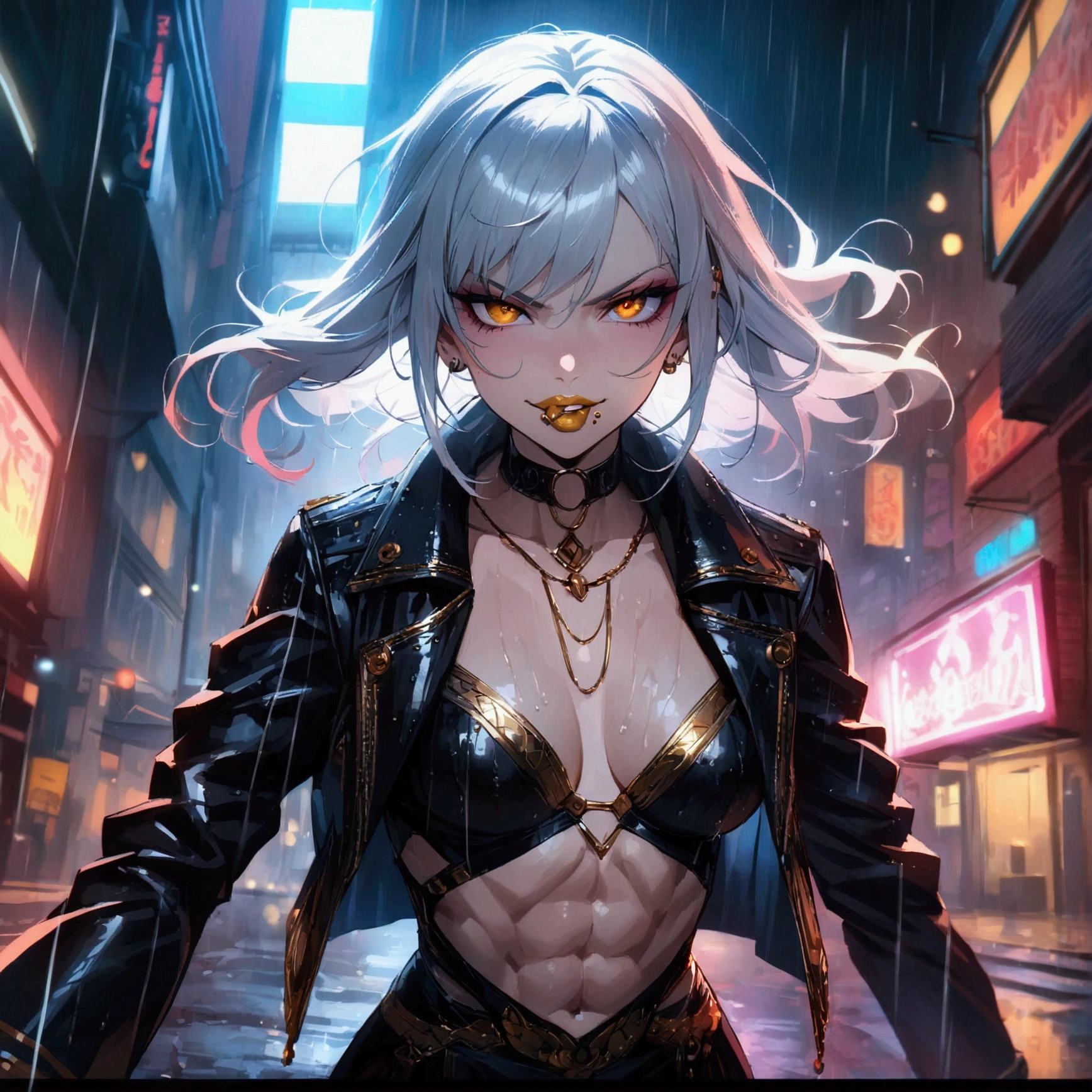 (anime women), dark outfit with red and blue details, white hair, (golden dragon eyes) standing in a rain soaked, city street at night, cinematic lighting (best quality:1.2)detailed, neon lights, vivid colors,bokeh, angry looking face with smirk on mouth, piercing, ABS, ((face piercing)), gaze, 4k, particles in the air, powers, amazing art work full of details, dynamic movement, (gold lips), viper tongue out