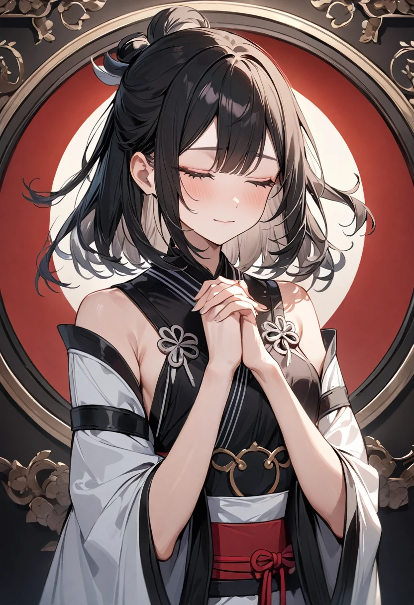 (masterpiece, top quality, very aesthetic, 4k、illustration), intricate detail, 1woman,contrapposto 、own hands clasped,(upper body)、closed eyes,(),Cute 、clear face、Random Hair Color、,middle hair,sidelock ,Random Color　eyes、ninja clothes、small breasts、Slim 、