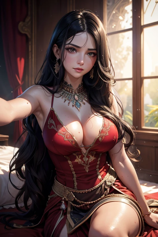 beautiful detailed sweaty ozbek princess, long wavy black hair, pale skin, royal red sharara, sweat dripping from body, sweat glowing skin, visible sweat dripping armpits, large breasts, laying on bed, (best quality,4k,8k,highres,masterpiece:1.2),ultra-detailed,(realistic,photorealistic,photo-realistic:1.37),HDR,UHD,studio lighting,ultra-fine painting,sharp focus,physically-based rendering,extreme detail description,professional,vivid colors,bokeh,portraits