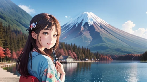 highest quality、Lakeside in front of the mountain、Mt fuji、summer、Daytime、Beautiful blue sky、outside of home、Young girl、Smile on the screen、Detailed beauty、picnic、Open the parasol、kimono、taisho roman 