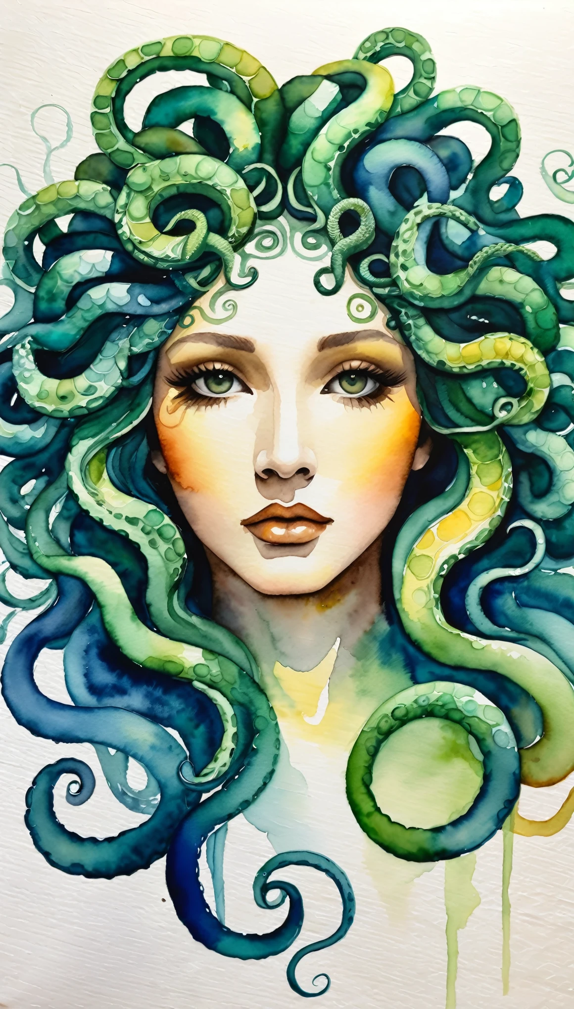 masterpiece,Medusa acrylic watercolor painting,(Beautiful gradation created by layering),(Tarashikomi technique),A delicate touch,Sexy look