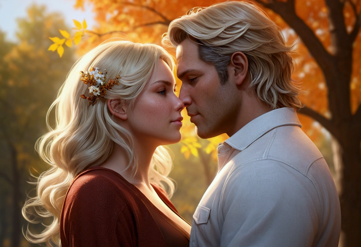 40 YEAR OLD blonde Man AND PREGNANT brunette WIFE, FAMILY, LOVE, ROMANCE, ROMANTIC, FLOWERS, NATURE, TREES, photorealistic, High resolution, ((perfect hand)), ((perfect face)), hair with many details, 8k artgerm bokeh, fanart best artstation, render photorealistic, guweiz-style art, inspired by WLOP, ig model | artgerm, detailed, stunning portrait of realistic face, beautiful, deviantart artstation cgscosiety, ((beautiful fall background))