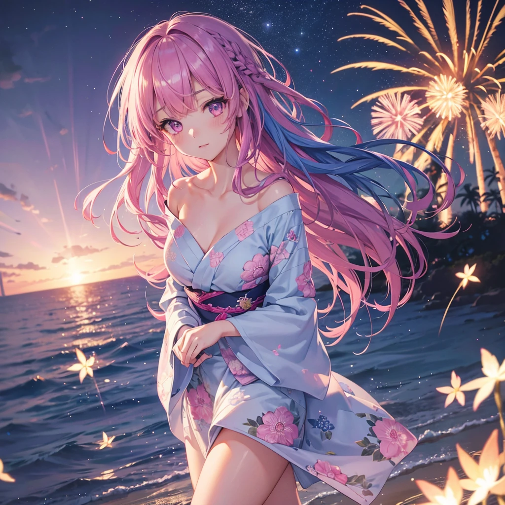 Sky Blue Medium Hair, (Braided Hair),(Pink Eyes),Fair skin ,(whole body),(1 girl)、Floral Yukata、summer night、Extra-large fireworks filling the night sky、Big fireworks、Straight bangs,(masterpiece, Highest quality, Very detailed, Best Shadow), (Detailed Background), (Beautifully detailed face), High Contrast, (Best lighting, Very delicate and beautiful), ((Cinematic Light)), colorful, Hyper Detail 8k, Dramatic Light, Intricate details,