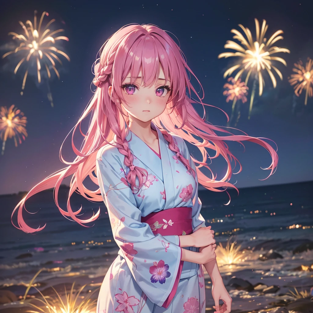 Sky Blue Medium Hair, (Braided Hair),(Pink Eyes),Fair skin ,(whole body),(1 girl)、Floral Yukata、summer night、Extra-large fireworks filling the night sky、Big fireworks、Straight bangs,(masterpiece, Highest quality, Very detailed, Best Shadow), (Detailed Background), (Beautifully detailed face), High Contrast, (Best lighting, Very delicate and beautiful), ((Cinematic Light)), colorful, Hyper Detail 8k, Dramatic Light, Intricate details,