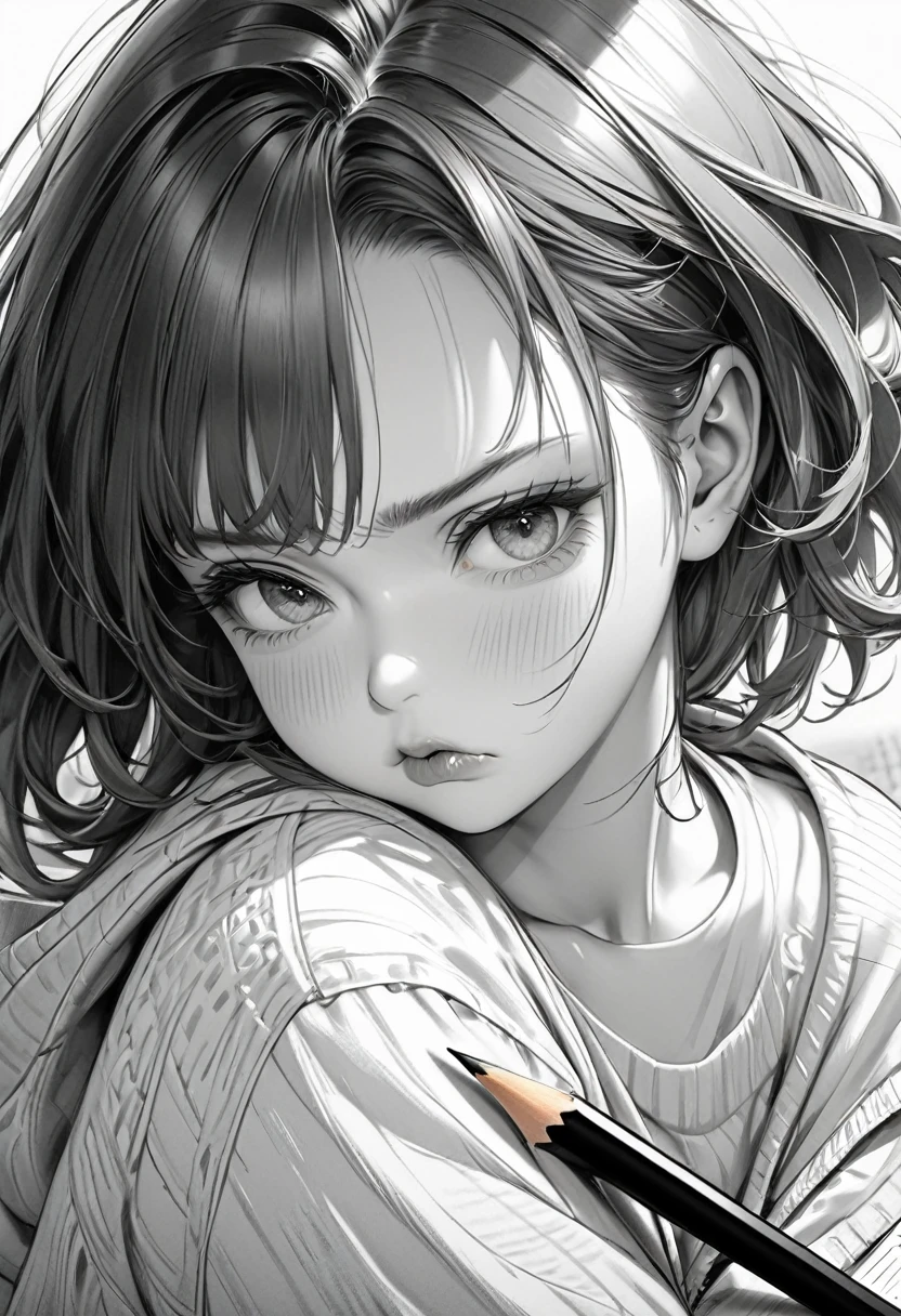 monochrome, pencil sketch art, diagonal top view, cute woman with pouting face, puffy cheeks, so cute, loose clothing,  (ultra detailed, absolutely resolution, best quality:1.3), 2.5D, delicate and dynamic, shading effects, hyper realistic