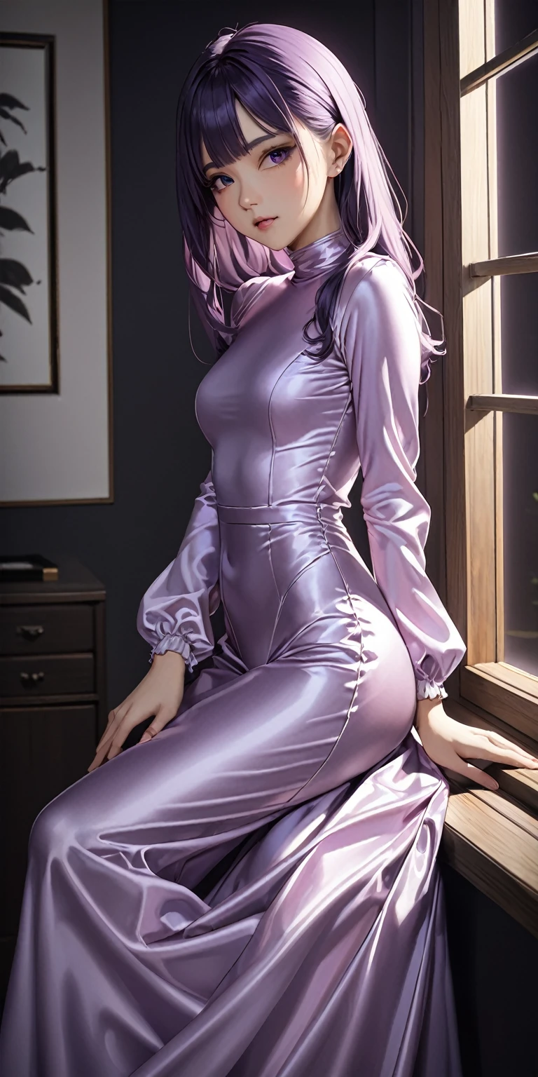 Portraiture、(masterpiece,Highest quality,Ultra-high resolution),Japanese women, (((Very beautiful 25 year old girl))),She is wearing a shiny light purple satin long sleeve dress.、The dress has a simple design without any patterns..、The skirt is a long skirt with frills、((Satin bodysuit))、Dark Room