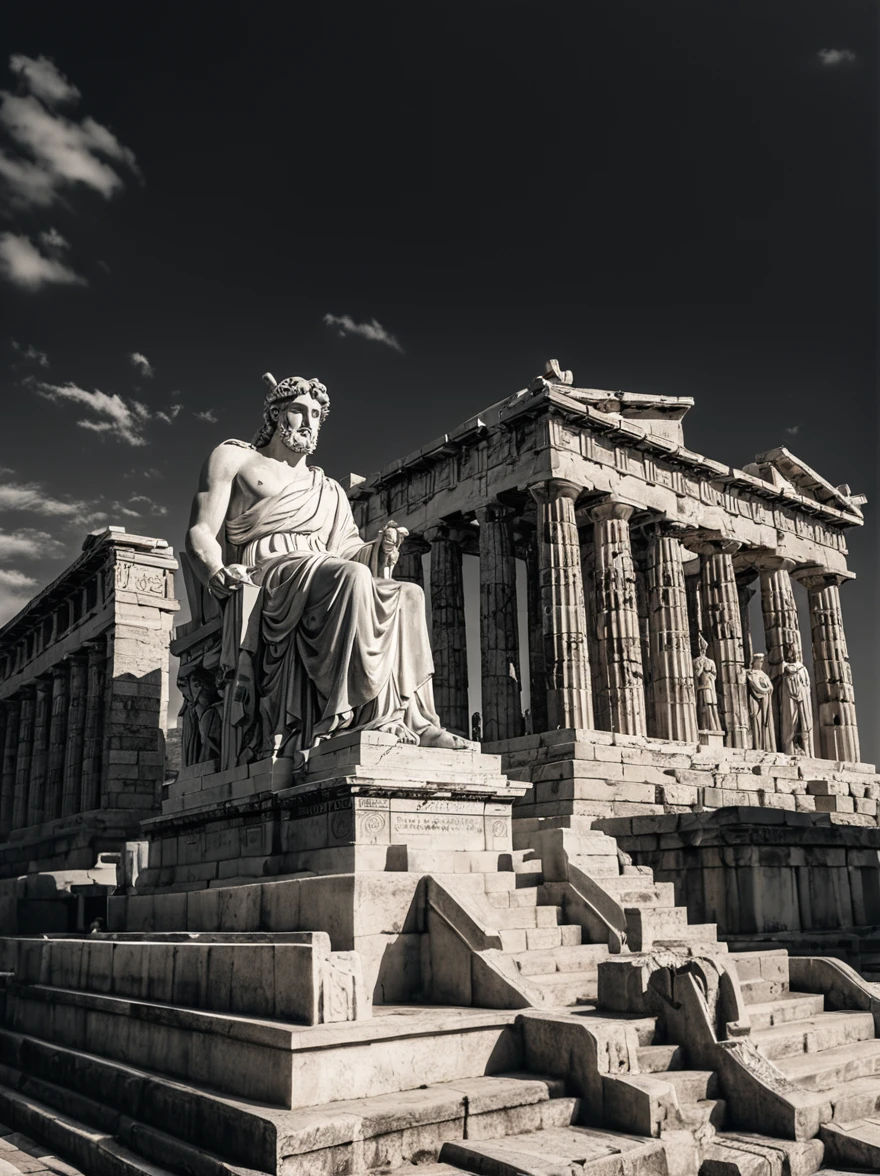 A magnificent statue，Represents the gods in Greek mythology，Standing tall amid the magnificence of ancient Greek temples。This black and white image highlights the timeless beauty and power of the statue and its surroundings.。The statue&#39;s face displays a powerful yet serene expression，Exuding a sacred aura。The scene is bathed in softness、In diffuse light，Subtle shadows add depth。The composition emphasizes the statue&#39;s majestic figure and fine details，And the magnificent architecture of the temple behind。Wide-angle lenses capture the full scope of a scene，Shows the scale and grandeur of the statues and temples。Contrasting black and white tones、The dramatic light and in-depth detail in the images inspire awe in the viewer，Bringing them back to the era of ancient myths and architecture。