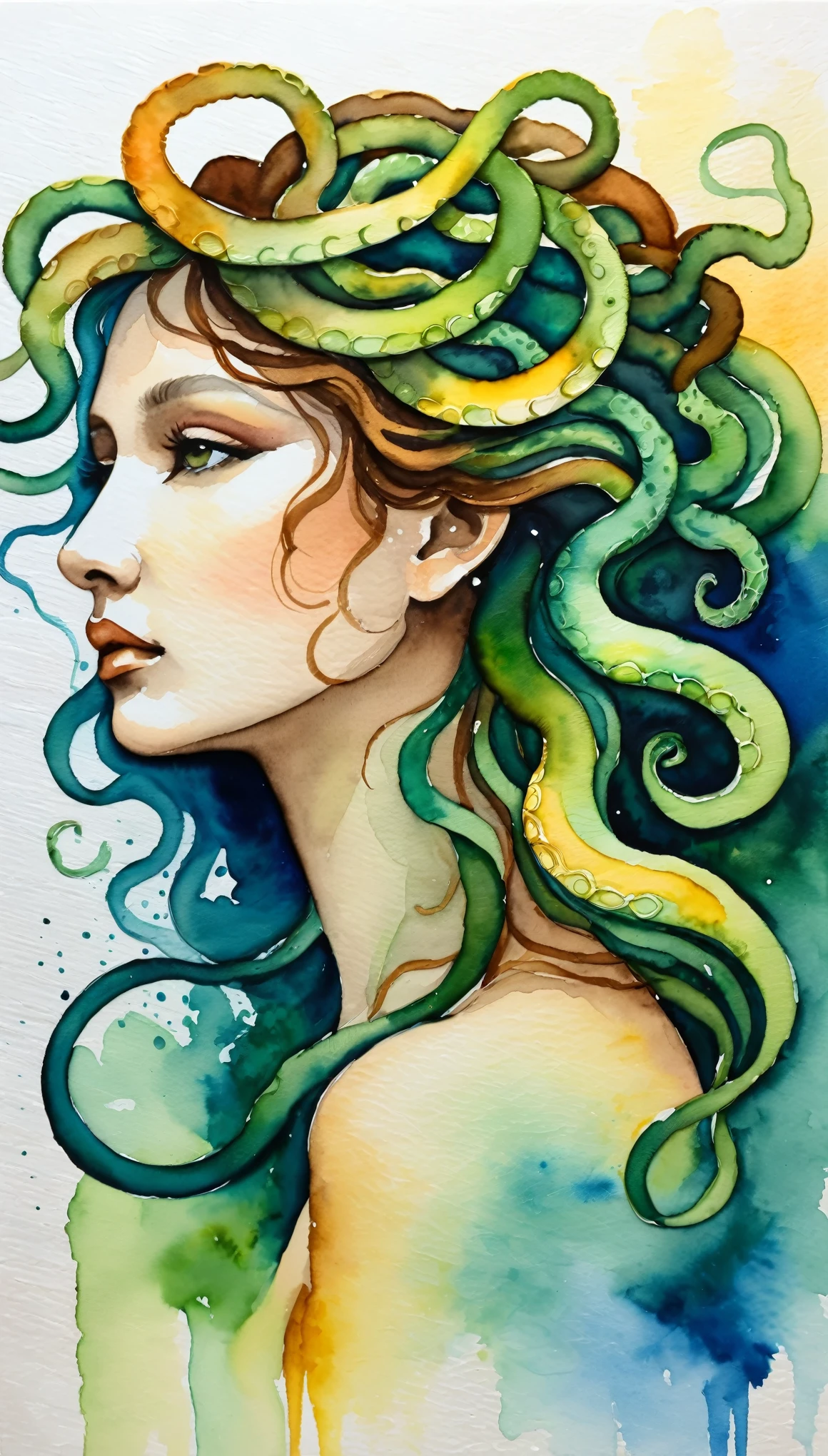 masterpiece,Medusa acrylic watercolor painting,profile,(Beautiful gradation created by layering),(Tarashikomi technique),A delicate touch