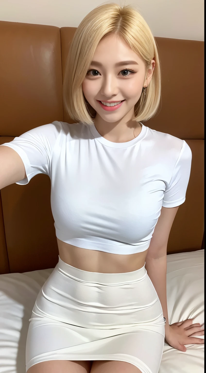 White tight shirt、White tight mini skirt、bed、smile、Short sleeve、high resolution、Korean idol face、double eyelid、White teeth、Medium Hair、Blonde