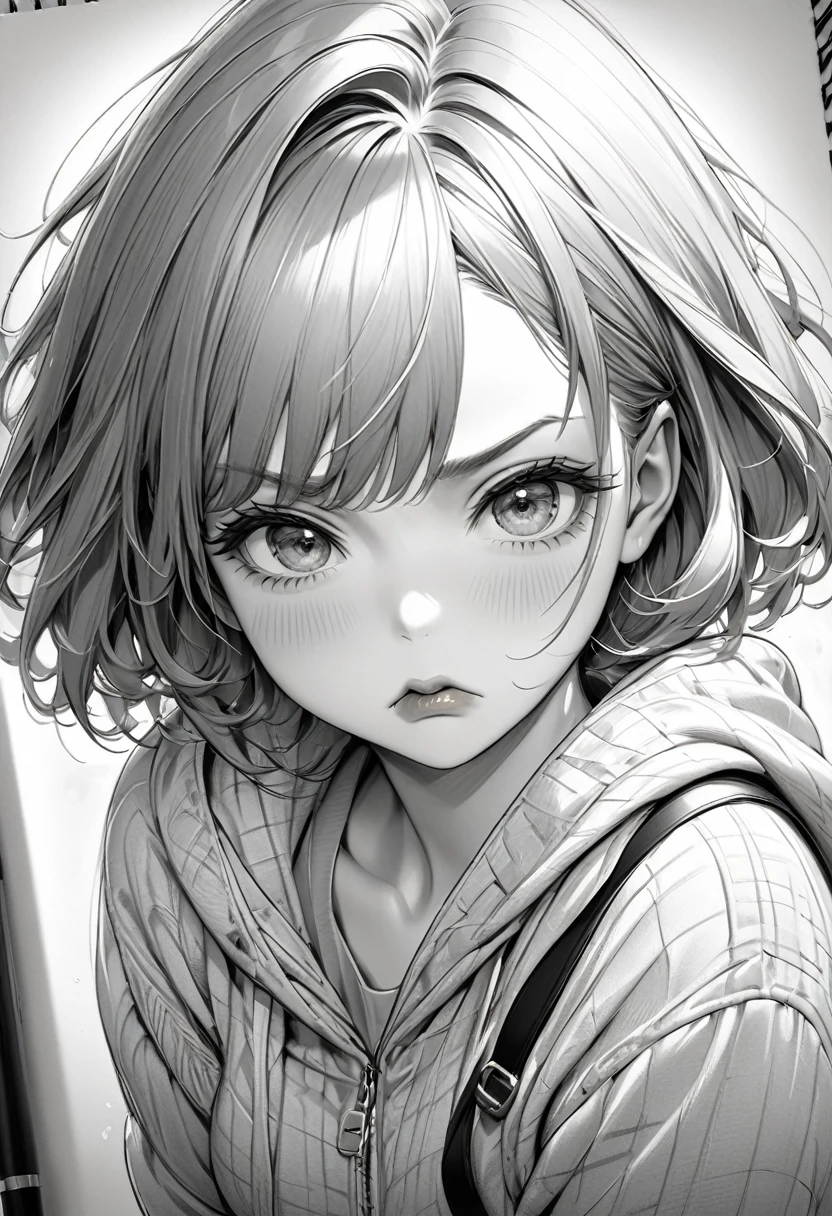 monochrome, pencil sketch art, diagonal top view, cute woman with pouting face, puffy cheeks, so cute, loose clothing,  (ultra detailed, absolutely resolution, best quality:1.3), 2.5D, delicate and dynamic, shading effects, hyper realistic