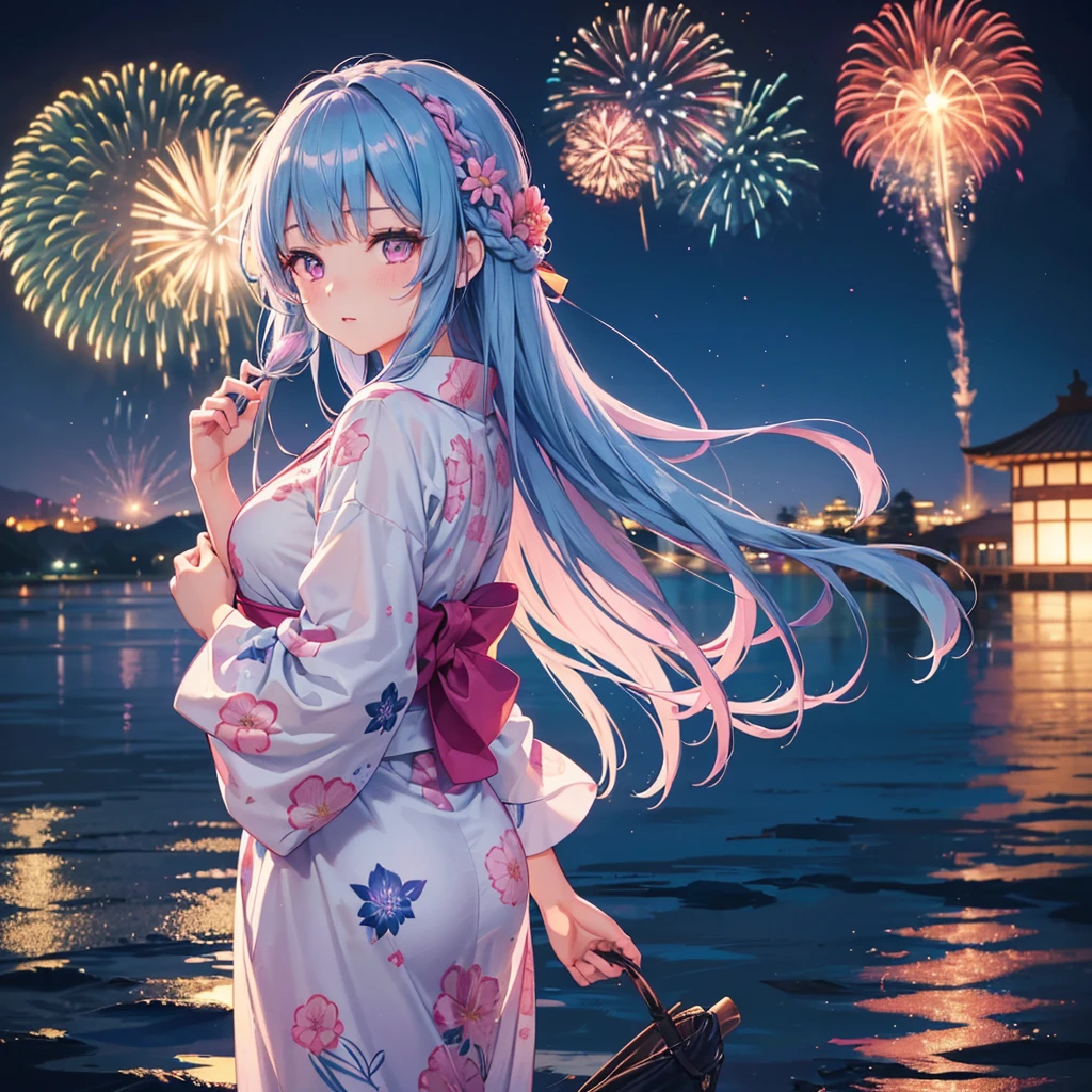 Sky Blue Medium Hair, (Braided Hair),(Pink Eyes),Fair skin ,(whole body),(1 girl)、Floral Yukata、summer night、Fireworks on the lake、Big fireworks、Straight bangs,(masterpiece, Highest quality, Very detailed, Best Shadow), (Detailed Background), (Beautifully detailed face), High Contrast, (Best lighting, Very delicate and beautiful), ((Cinematic Light)), colorful, Hyper Detail 8k, Dramatic Light, Intricate details,Fireworks light reflected on the water