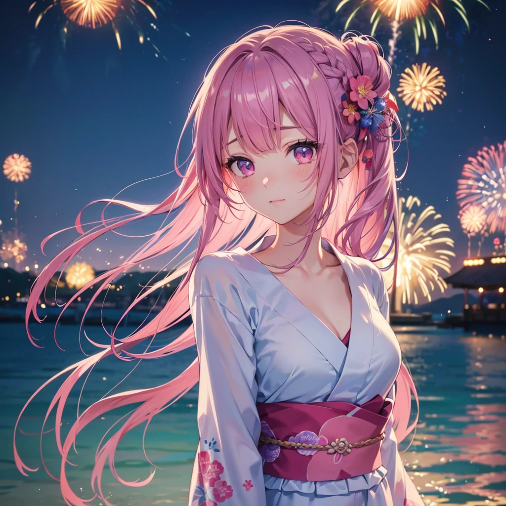 Sky Blue Medium Hair, (Braided Hair),(Pink Eyes),Fair skin ,(whole body),(1 girl)、Floral Yukata、summer night、Fireworks on the lake、Big fireworks、Straight bangs,(masterpiece, Highest quality, Very detailed, Best Shadow), (Detailed Background), (Beautifully detailed face), High Contrast, (Best lighting, Very delicate and beautiful), ((Cinematic Light)), colorful, Hyper Detail 8k, Dramatic Light, Intricate details,Fireworks light reflected on the water