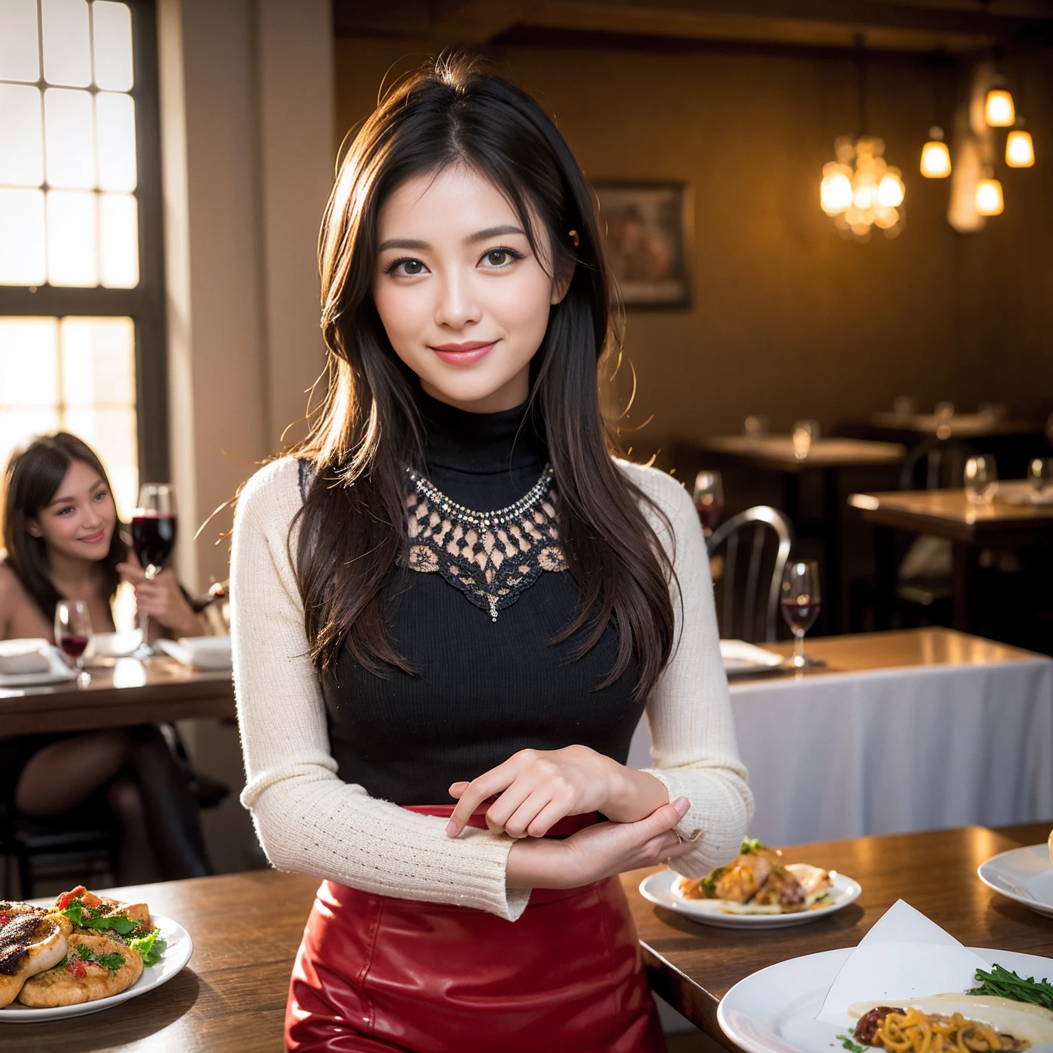 ((Highest quality、8k、masterpiece:1.3))、slimカップル、modelカップル、(Realistic, Intricate details:1.2), full-course dinner、Wine Party、Amazing view of the sunset sky and clouds、A bright smile、The wonderfulness of smile、Bright image、The beauty of wine, Beautiful Face, blue eyes, The light shines on your face, blush, short hair,Bright Face、 (Age 37), 39 years old, red wine 、Appetizers、Italian food、Wine bottle、Champagne、sparkling wine、Two beauties、Brown Hair、Shortcuts、Long sleeve shirt、dress、Beautiful woman 1, (slimな顔), (The body is slim), (Brown Hair), (Shortcuts), cheeks turn a little red,Attractive beauty、restaurant, In a prominent place (From the waist up) Nova Frog Style, actress, model, Upper Body, White wine, slim, wine glass, 中央に置かれたwine glass, smile, (smile: 1.15), Beautiful fine grain, Depth f/2,saturation, High Contrast, Strong light and shadow,Moist Body:1.5、3D texture、Delicate eyes、Brown Hair、The hair is very shiny、