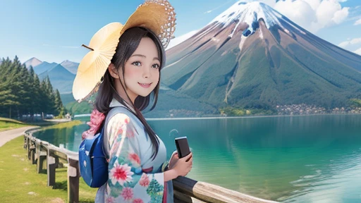 top-quality、Lakeside in front of the mountain. mt. Fuji、girl with、solo、Smiling at the screen、during daytime、summer、kimono、Open the parasol、Beautiful blue sky、