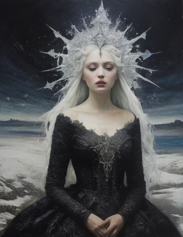 James Gurney, Surrealist art , dream-like, mysterious, Provocative, symbolic, Complex, detailed,, (Gothic but very beautiful:1.4), (masterpiece, Highest quality:1.4) , Nicola Samori Style, Ice Queen 