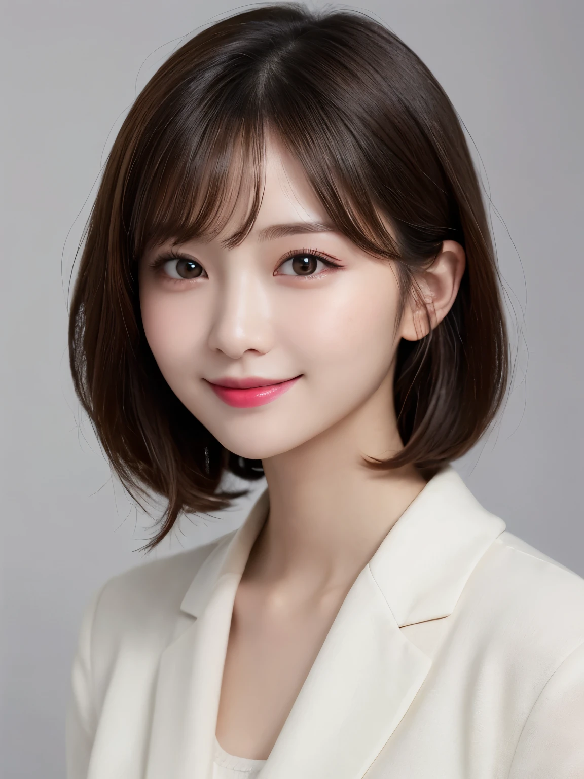 white background, bust shot, tabletop, looks happy, smile, short hair, highest quality, shape, Super detailed, finely, High resolution, 8k wallpaper, Perfect dynamic shape, beautiful and detailed eyes, D cup, natural color lip,smile、20 year old girl, Beautiful and dense face、perfect and beautiful face,Big eyes、real photos(best image quality), business casual (off white)、looking at camera、Please stand、Do gal makeup