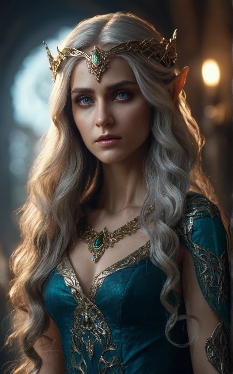 beautiful detailed elf woman, 30 years old, cinematic lighting, extremely detailed face and eyes, long flowing hair, elegant fantasy dress, intricate ornaments, photorealistic, 8k, hyper detailed, masterpiece, epic fantasy, vibrant colors, dramatic shadows, dramatic lighting