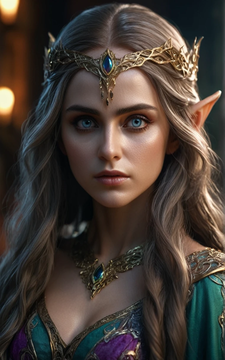 beautiful detailed elf woman, 30 years old, cinematic lighting, extremely detailed face and eyes, long flowing hair, elegant fantasy dress, intricate ornaments, photorealistic, 8k, hyper detailed, masterpiece, epic fantasy, vibrant colors, dramatic shadows, dramatic lighting