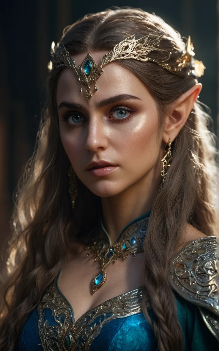 beautiful detailed elf woman, 30 years old, cinematic lighting, extremely detailed face and eyes, long flowing hair, elegant fantasy dress, intricate ornaments, photorealistic, 8k, hyper detailed, masterpiece, epic fantasy, vibrant colors, dramatic shadows, dramatic lighting