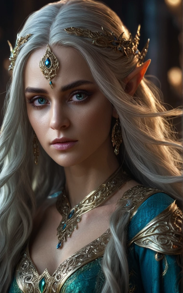 beautiful detailed elf woman, 30 years old, cinematic lighting, extremely detailed face and eyes, long flowing hair, elegant fantasy dress, intricate ornaments, photorealistic, 8k, hyper detailed, masterpiece, epic fantasy, vibrant colors, dramatic shadows, dramatic lighting