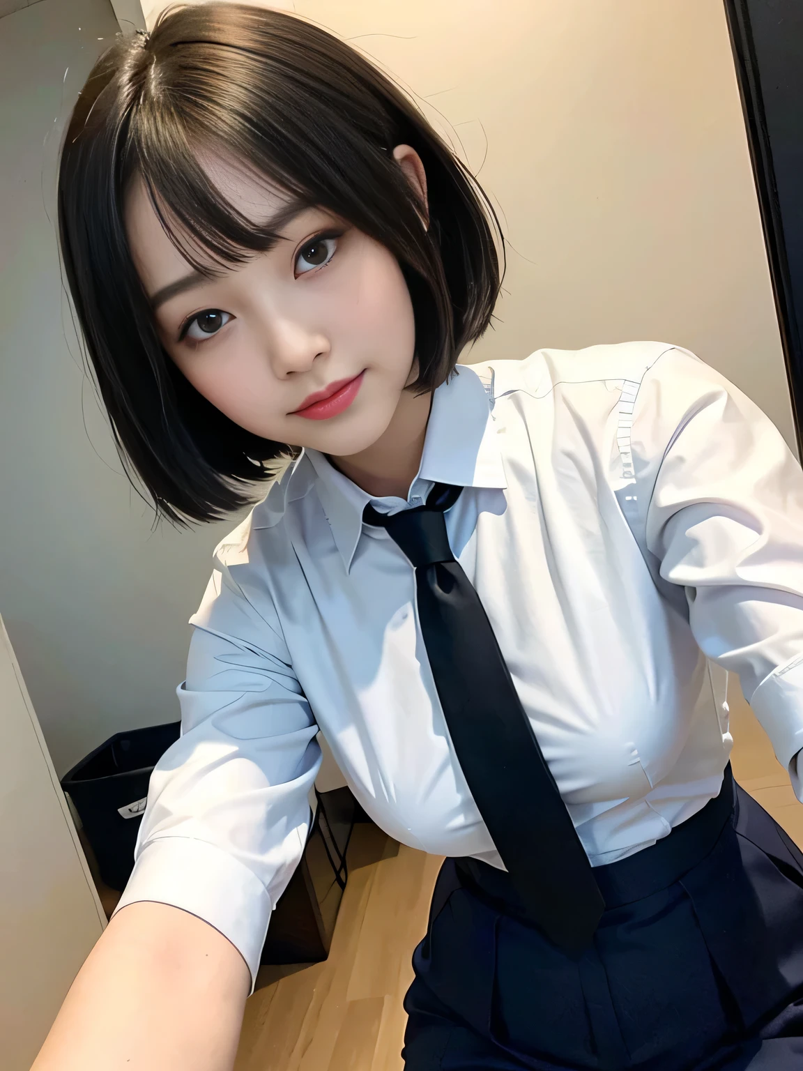 Highest quality、Figures、iPhone,Taking a selfie with a black smartphone、One people、Cute Girls、sexly、Slender、Navy blue tie、White shirt、Navy blue exy very detailed、Fine details、Slim Body、Slender、Japanese Girls2people、High resolution、8k、wallpaper、Perfect dynamic composition、Beautiful fine details、Short Bob Hair、Big natural color lip、大胆なsexlyポーズ、smile、Cold Stare、18 year old girl、Cute、ta、Good eyesight、whole body、Light blue wall、smile、