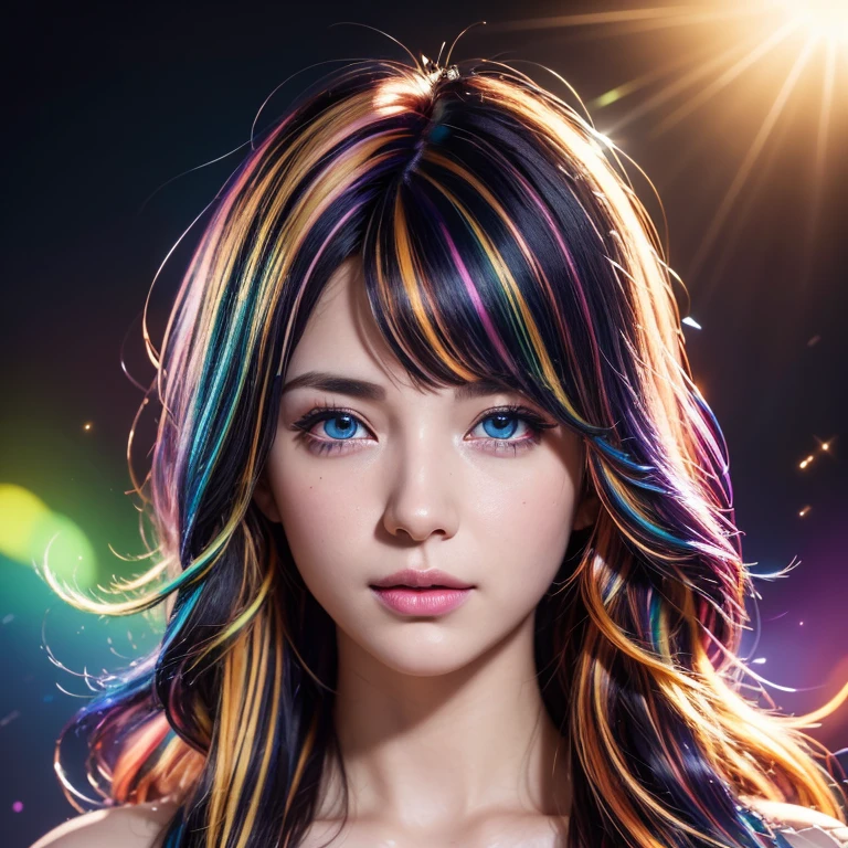 {{masterpiece}}, highest quality, Highly detailed CG Unity 8K wallpaper, cinematic lighting, Lens flare, beautiful detailed eyes, black, side line, multi-colored hair, colorful light, particle, heterochromia, (colorful:1.5), (colorful hair:1.5),
