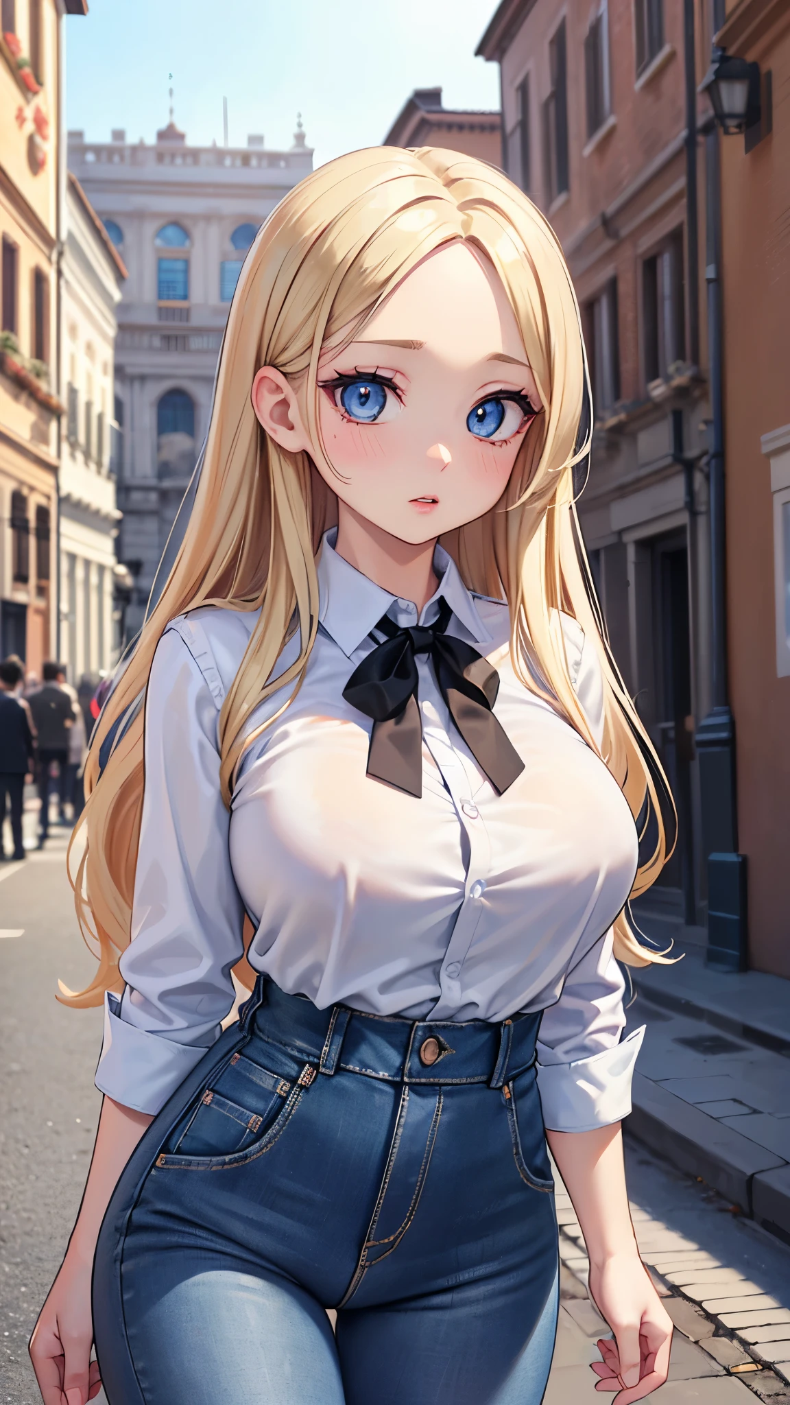 (masterpiece, 最high quality, 超High resolution, Very detailed), (Realistic:1.1, photoRealistic:1.4), Perfect illustration, Perfect lighting,Hair in perfect detail, Perfect and detailed face, Perfect collarbone, Perfect body,Juicy breasts, Perfect Thighs, Beautiful feet, View your viewers, 1 Girl,Perfect Face, (Perfect Anatomy, Anatomically correct), Symmetrical face、((Shiny Hair)),Sexy Body、(masterpiece),(最high quality:1.3),8k,Very clear,(Ultra-realistic),,Captivating woman,(high quality, High resolution, Fine details), Realisticなスタイルの女性,Juicy breasts、One perfect woman、Perfect Face、Symmetrical face、、((Large Breasts))、blush、((Juicy lips))、Cowboy Shot、((Straight blonde hair with exposed forehead))、((Big double blue eyes、Long eyelashes))、((Red makeup))、(((White collared shirt、Black tie)))、(((High waist denim pants)))、(Outdoor、On the streets of Rome)