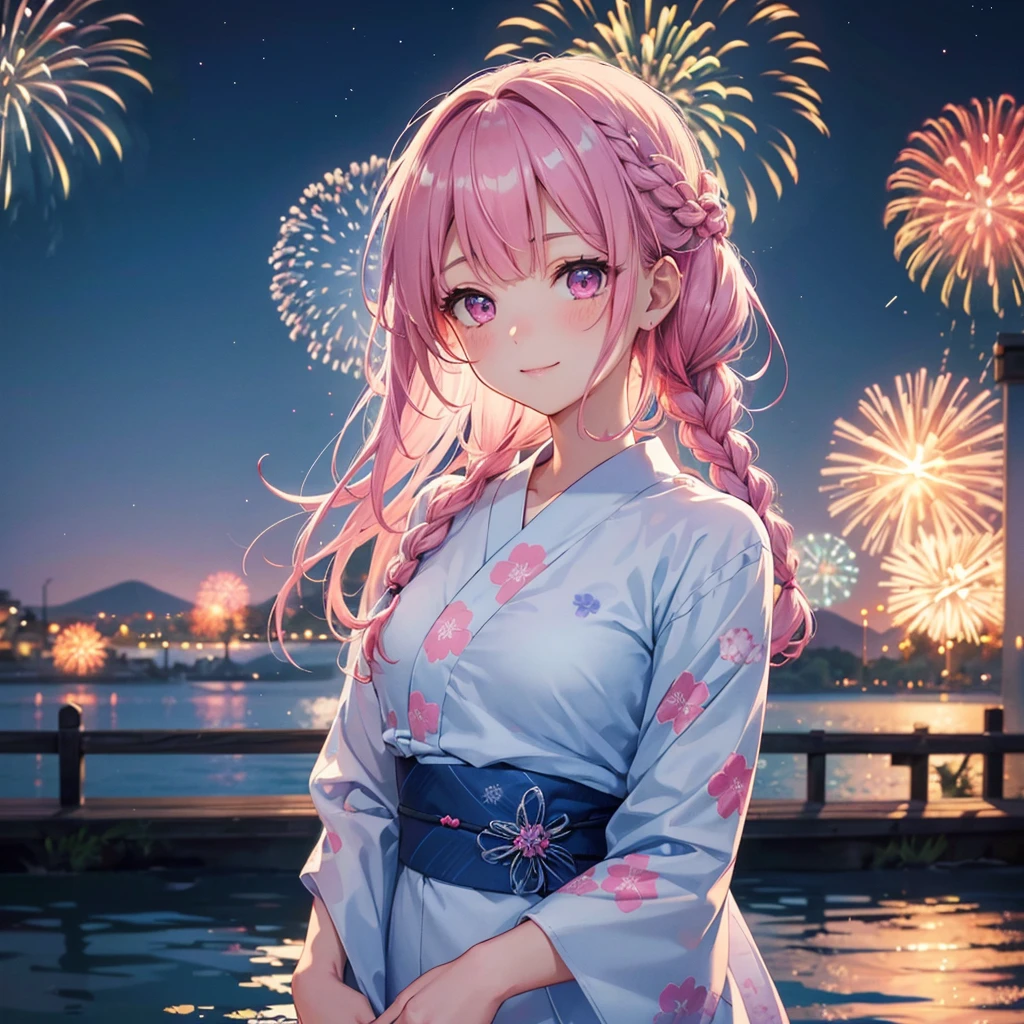 Sky Blue Medium Hair, (Braided Hair),(Pink Eyes),Fair skin ,(whole body),(1 girl)、Floral Yukata、summer night、Fireworks over the lake、Big fireworks、smile、Straight bangs,(masterpiece, Highest quality, Very detailed, Best Shadow), (Detailed Background), (Beautifully detailed face), High Contrast, (Best lighting, Very delicate and beautiful), ((Cinematic Light)), colorful, Hyper Detail 8k, Dramatic Light, Intricate details,Fireworks light reflected on the water surface
