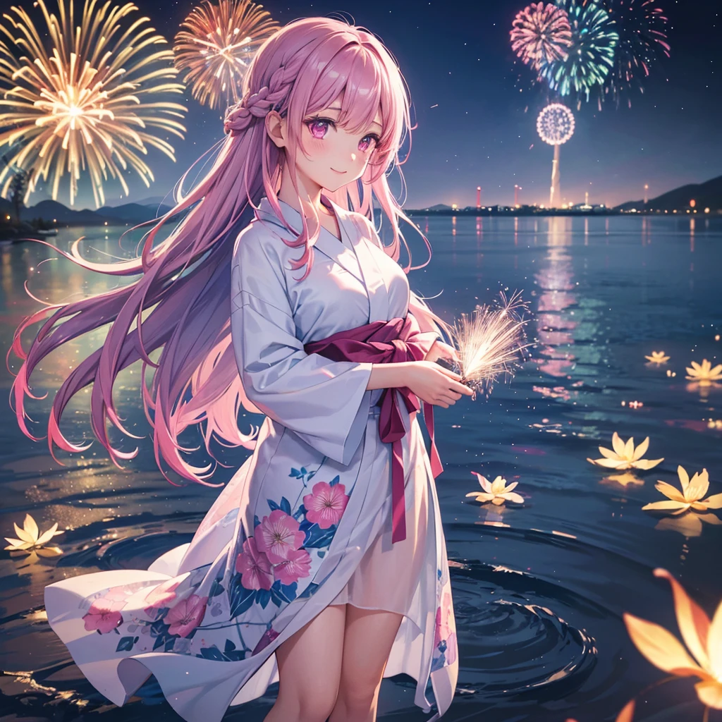 Sky Blue Medium Hair, (Braided Hair),(Pink Eyes),Fair skin ,(whole body),(1 girl)、Floral Yukata、summer night、Fireworks over the lake、Big fireworks、smile、Straight bangs,(masterpiece, Highest quality, Very detailed, Best Shadow), (Detailed Background), (Beautifully detailed face), High Contrast, (Best lighting, Very delicate and beautiful), ((Cinematic Light)), colorful, Hyper Detail 8k, Dramatic Light, Intricate details,Fireworks light reflected on the water surface