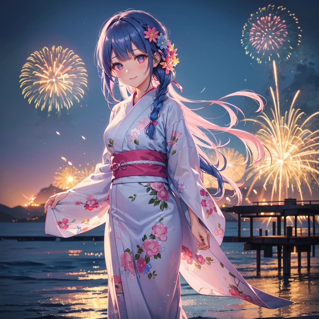 Sky Blue Medium Hair, (Braided Hair),(Pink Eyes),Fair skin ,(whole body),(1 girl)、Floral Yukata、summer night、Fireworks over the lake、Big fireworks、smile、Straight bangs,(masterpiece, Highest quality, Very detailed, Best Shadow), (Detailed Background), (Beautifully detailed face), High Contrast, (Best lighting, Very delicate and beautiful), ((Cinematic Light)), colorful, Hyper Detail 8k, Dramatic Light, Intricate details,Fireworks light reflected on the water surface